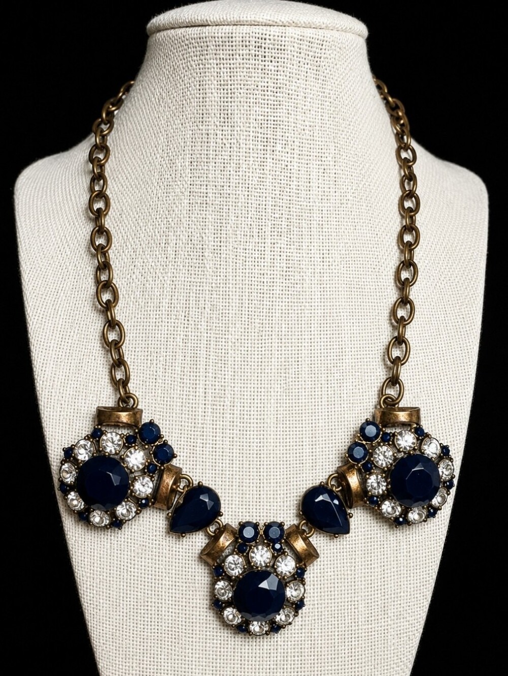 J. Crew Dark Navy Clear Rhinestone Oxidized Brass Statement Necklace Jewelry